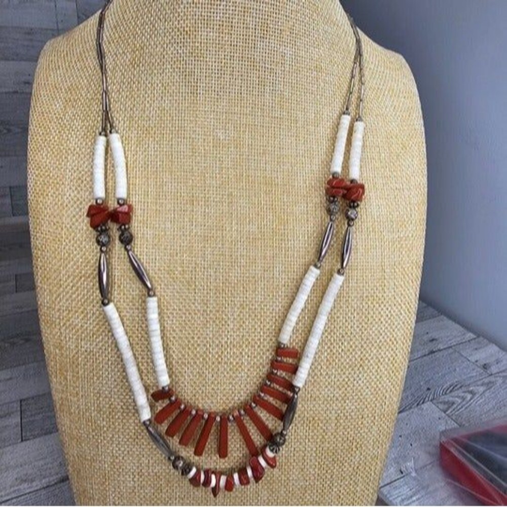 Vintage Silver, Puca Shell & Red Jasper American Indian Inspired Necklace 24.5"L